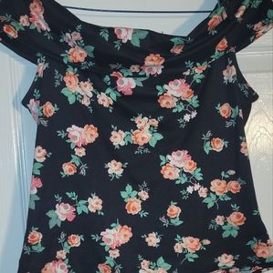 Bongo black floral print bodysuit, medium, off the shoulders